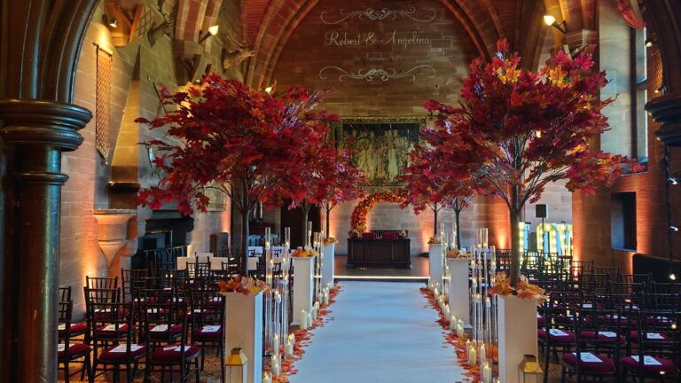 Autumn season wedding decorations at Peckforton Castle