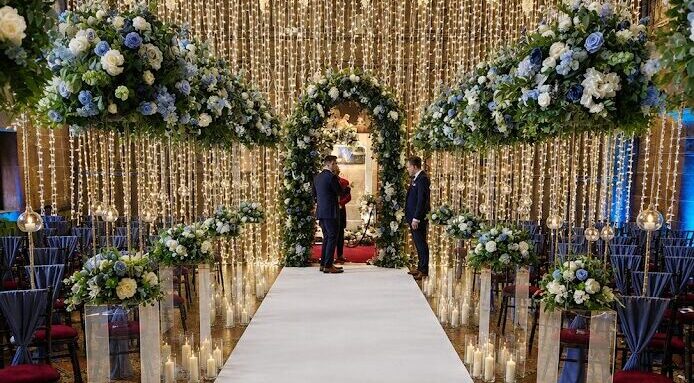 Wedding venue dressing at Peckforton Castle in Cheshire